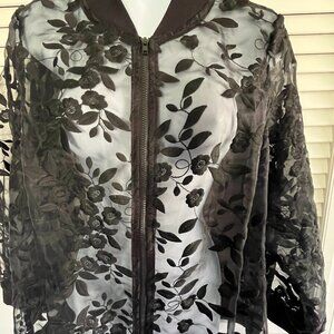Chicos Black Lace Bomber Jacket. Size 3